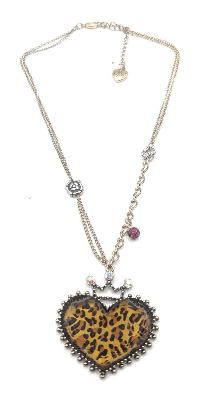 Betsey Johnson Gold Leopard Tiara Rhinestone heart Layered Pendant Necklace